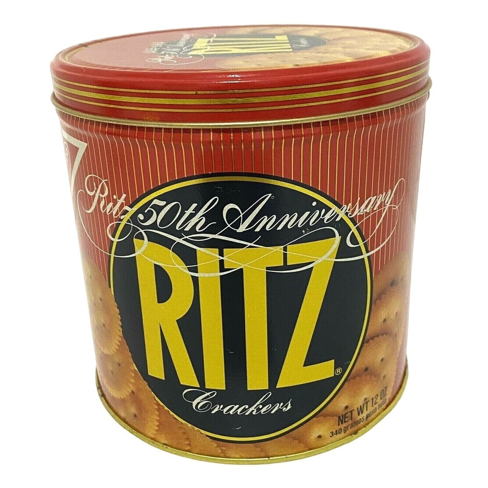 Vintage 80s Round Nabisco Ritz Crackers 50th Anniversary Tin Red Kitchen Decor